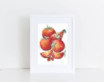 Kitchen Art, Original Watercolor fruit painting, Watercolor Tomato illustration, Watercolor Tomato Painting, Watercolor fruit illustration