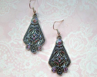Earrings Rhinestone Purple Silver