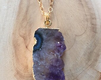 Amethyst Necklace: Gold Dipped Amethyst Necklace, Raw Amethyst Necklace, Amethyst Slice Necklace, Amethyst Pendant, Amethyst Geode