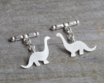 Dinosaur Cufflinks In Sterling Silver, Brontosaurus Cufflinks With Personalized Message, Handmade In UK