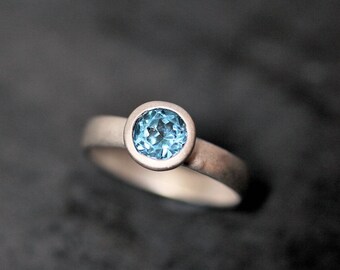 Swiss Blue Topaz Ring, Faceted Gemstone December Birthstone Ring Brushed Recycled Sterling Silver Ring - Ready to Ship in US Size 7.5