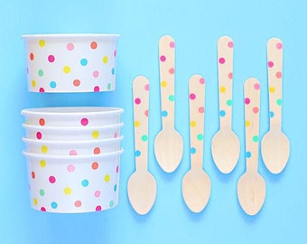 Pastel Rainbow Polka Dot Ice Cream Cups & Wooden Spoons, Rainbow Party Ice Cream Cups, Pastel Ice Cream Bowls, Easter Ice Cream Cups (12)