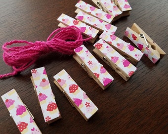 Pink Cupcakes - Chunky Little Clothespin Clips w Twine for Display Clothesline - Set of 12 - Girl Baby Birthday