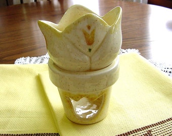 Wax Melter Tart Warmer OIl Diffuser Tea Light Potpourri Burner - Handmade Stenciled Ceramic Yellow Tulip