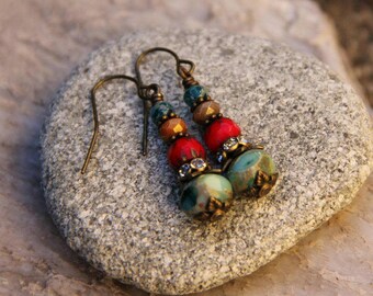 Emerald Turquoise Quadries Renaissance Earrings, Czech Glass Earrings