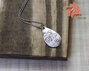 READY TO SHIP - Moroccan Flower Drop Necklace, Fine Silver and Sterling Silver, Precious Metal Clay, Medallion Floral Pendant