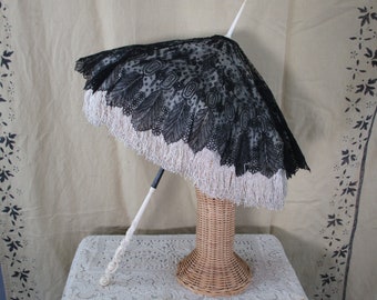 Victorian Parasol, Vintage Umbrella, Folding Carriage Parasol Bone Carved Cherub Face Handle, Black Lace Silk Fringe Antique 1860 Historical