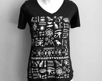 L- Black V-Neck Neck Slub Tee with Egyptian Screen Print