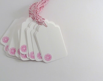 Pink Grapefruit Slice Stamped White Gift Tags with Pink and White Bakers Twine Citrus Party Tag Sangria Tag