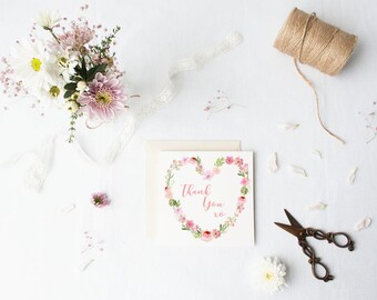 Thank you Card | Pack 5 | Wedding Thank You Card, Special Occasion Card | Note Cards | Botanical | Floral Heart | Watercolour | pink | green