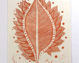 linocut - BURNING LEAF // 9x12 art print // printmaking // block print // leaf print // autumn // red orange wall art // fire art // 8x10