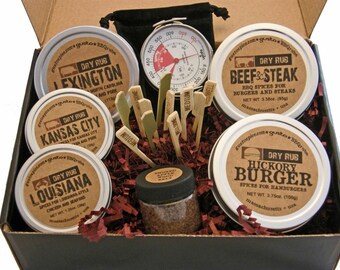 Gusto's Gift Set: THE BARBECUE BOX -- Rubs for Chicken, Pork and Beef + Grill Top Thermometer and Smoked Salt -- Perfect Grilling Gift
