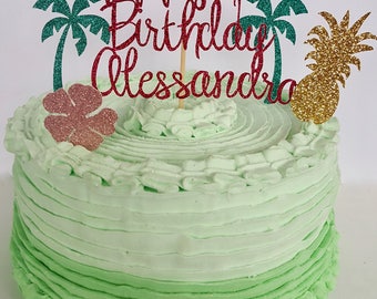 Hawaiian Flamingo Cupcake topper personalized palm trees pineapple flower aloha birthday cake decor party decorations 5 piece cake set