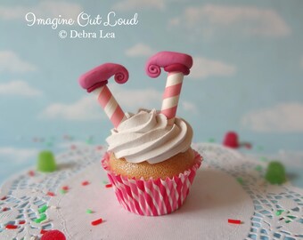 Fake Cupcake Realistic Christmas Holiday PINK Elf Legs Shoes Faux Ornament Candy Stripe
