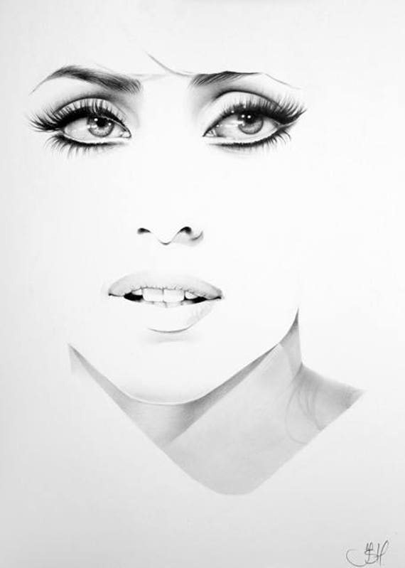 to 3/4 how draw view female face Pencil Drawing Minimalism Gaga Art Fine Lady Portrait Print