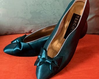 Teal Satin Kitten Heel Pumps with Pretty Bow