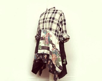 Long Tunic, Buffalo Plaid Shirt, XL Women's Clothing, Mori Girl, Lagenlook Clothing, Upcycled Clothing for Women by Primitive Fringe