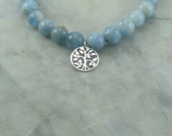 Winter Ayurvedic Mala Bracelet - Aquamarine - Tree of Life Charm - 21 Bead Wrist Mala - Buddhist Prayer Beads - Pitta - Product ID 38