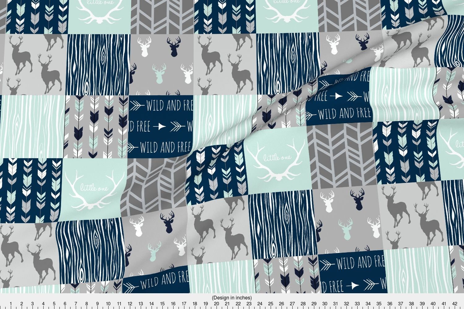 Baby Boy Quilt Fabric Patchwork Deer In MintNavy Grey By