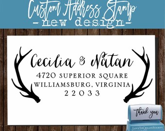 Antlers Address Stamp | Antlers Calligraphy Wedding Stamp | Antlers Return Address | Antlers Logo SELF INKING Custom Address Stamp (1279D)
