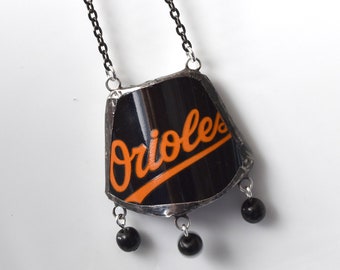Broken Plate Pendant on Chain - Baltimore ORIOLES - Recycled China with Black Beads