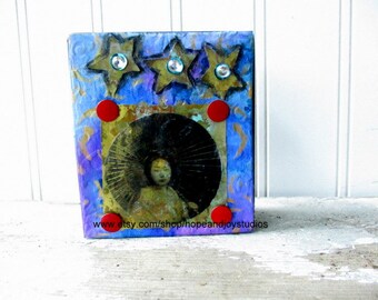 Assemblage art block Mixed media collage altered art folk art upcycled vintage elements sit or hang Blue Moon Girl