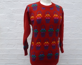 Pullover floral sweater wool jumper red clothing 90s vintage pullover womens clothes winter sweater festival top ladies jumper small hippie.