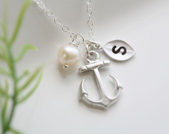 Personalized anchor necklace,initial leaf necklace,hope anchor jewelry,Sailors Anchor,pearl,Wedding Jewelry,Bridesmaid gifts,daily Jewelry,