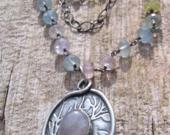Sterling Silver Garden Necklace, Aquamarine Necklace, Rose Quartz Necklace, Multi Layered Necklace, Botanical Necklace