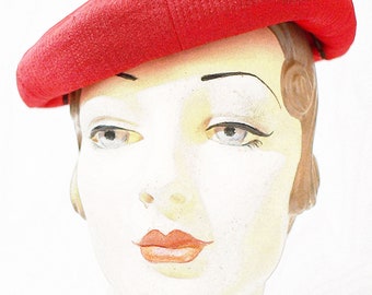 Vintage 1950s Red Trapunto Stitched Beret I MAGNIN