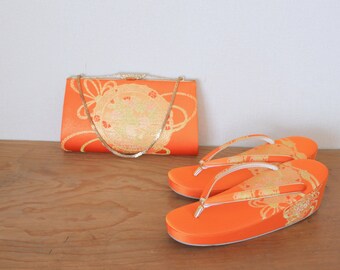 Set of 2 Japanese embroidery Bag and Sandals, Vintage Japanese embroidery zori for Kimono, Orange embroidery bag, Gorgeous bag and sandals