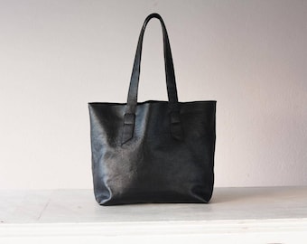 Black pebbled leather tote bag, raw edge shopper simple purse unlined bag shoulder large market everyday tote bag - Calisto bag