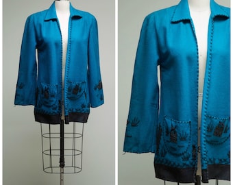 Vintage 1940s Shirt • Desert Memories • Turquoise and Black Wool Felt Late 40s Mexican Tourist Jacket Size Medium