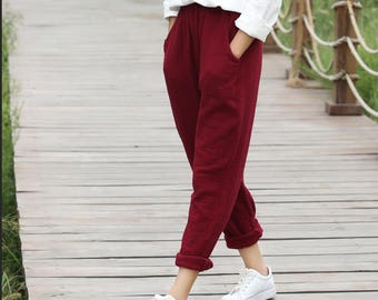 Spring cotton linen casual pants – new cotton and linen women’s literature solid color loose waist linen trousers pants