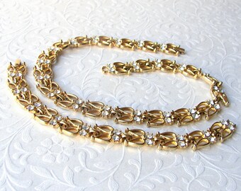 Vintage Parure Rhinestone Necklace Bracelet Matching Set Costume Jewelry Wedding Bridal Formal Pageant Ballroom Prom Leaves Gold Tone