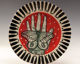 Dessert Plate - Painting by Jenny Mendes on a round ceramic dessert plate - Butterfly in Hand
