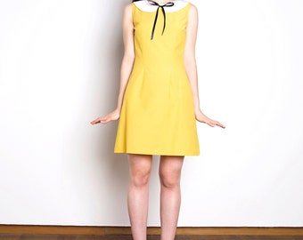 Peter pan collar dress cotton yellow white bow mod 1960s dress