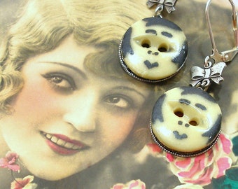 1920s Flapper BUTTON earrings, Edwardian china faces on silver. Antique button jewellery.