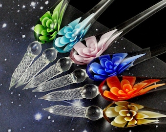 1PC Handmade Lampwork Glass Pen with 3D Flower inside of Penholder Crystal Calligraphy Dipping Signature Pen Gifts for Her