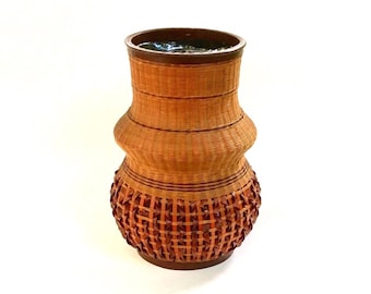 Large Vintage Woven Rattan Wrapped Pottery Vase, People's Republic of China, Shanghai Handicrafts