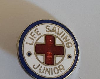 Vintage enamel Junior Life Saving pin, American Red Cross, nice colors, condition 5/8"