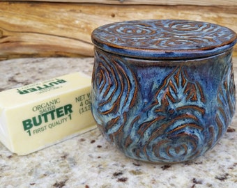 Pottery French Butter Crock, Blue butter dish, Flowers, Butter Dish, Ceramic Butter Crock, Butter Jar, Butter Keeper, Roses, flower garden