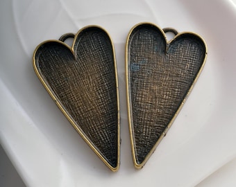 2 bronze tone heart pendant setting tray findings 26mm x 50mm jewellery making