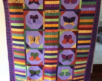 Handmade Purple Quilt with butterflies and Hearts
