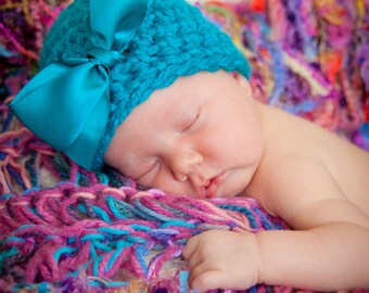 Baby Girl Hat, Newborn Hat, Bow Hat, Turqoise Baby Hat, Baby Beanie, Girl Hat, Crochet Baby Hat, Infant Hat SALE