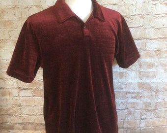 Vintage Short Sleeve Top Burgundy Velour Velvet By Burton Menswear c 1970-80s Medium 38-40 in Chest