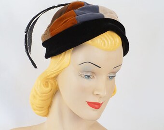 Vintage 1960s Hat Multi Colored Velvet Feathered Pixie by Marilyn