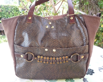 Wool leather handles and Brown faux reptile handbag