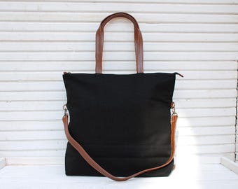 Canvas Tote Bag, Canvas and Leather Backpack Convertible, Canvas Tote with Pockets, Convertible Backpack, Canvas Messenger Bag, 3 in 1 Bag,