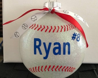 Personalized Baseball Glitter Glass Ornament--Large